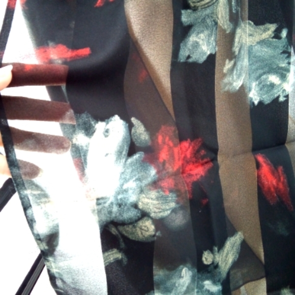 Vintage Dark Floral Semi Sheer Panel Red Gray Roses Romantic Neck Scarf - Picture 4 of 7